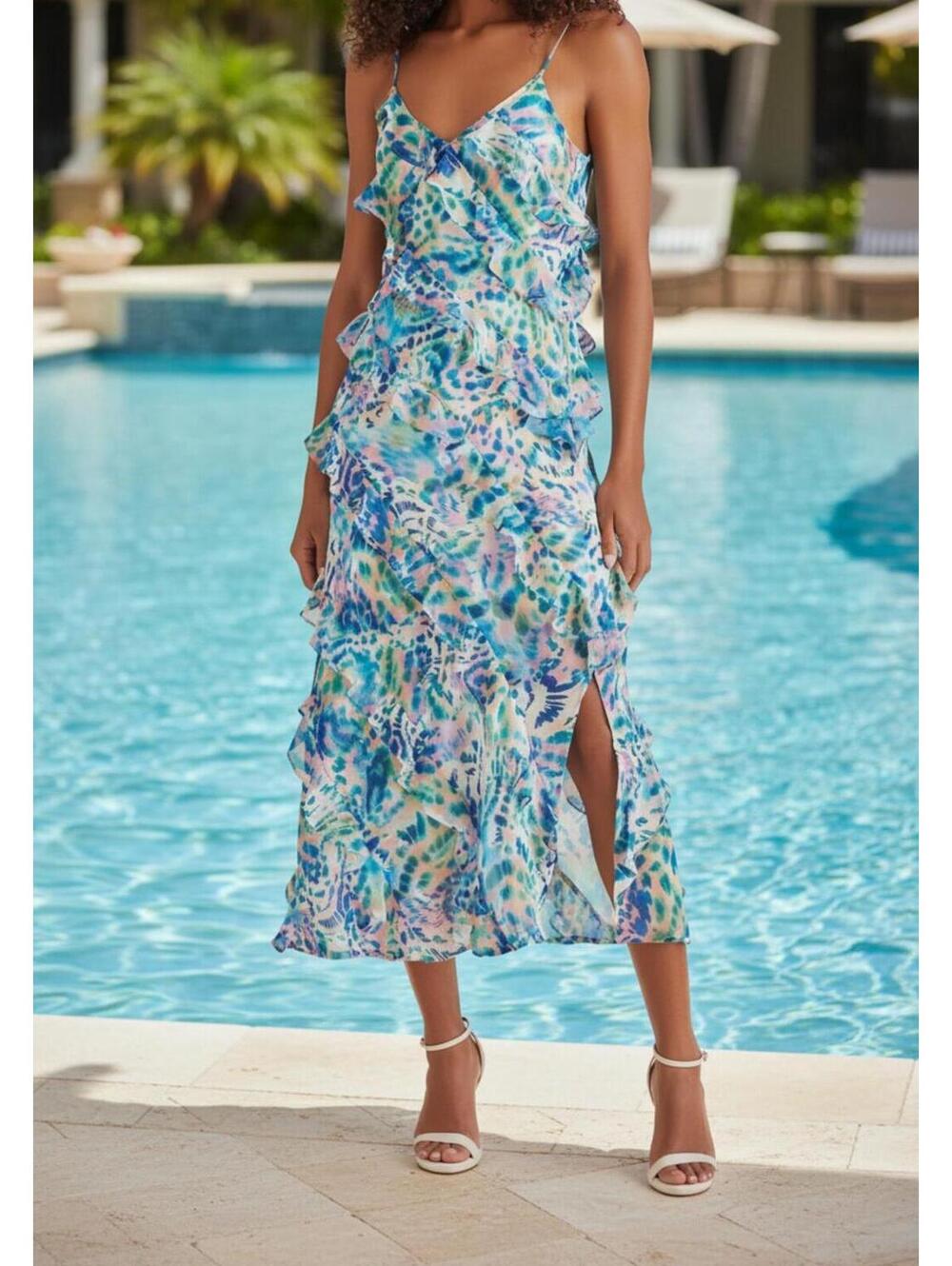 NWT Steve Madden Womens Dion Tiered Ruffle Maxi Slip Dress Blue Size 4 Party